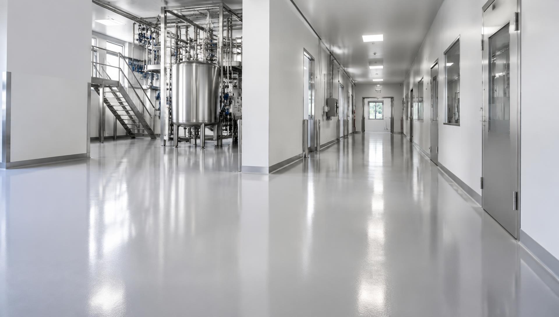 Pasillo de planta industrial con piso continuo revestido en gris brillante, imagen ilustrativa
